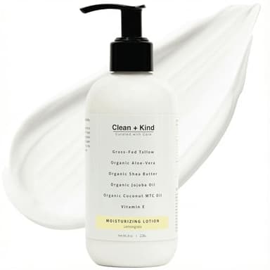 Clean + Kind Daily Moisturizing Lotion – Tallow Body Lotion with Aloe Vera, Shea Butter, Jojoba Oil, MCT Oil & Vitamin E – Deep Hydration for Dry, Rough, Sensitive Skin (8 oz, Lemongrass)