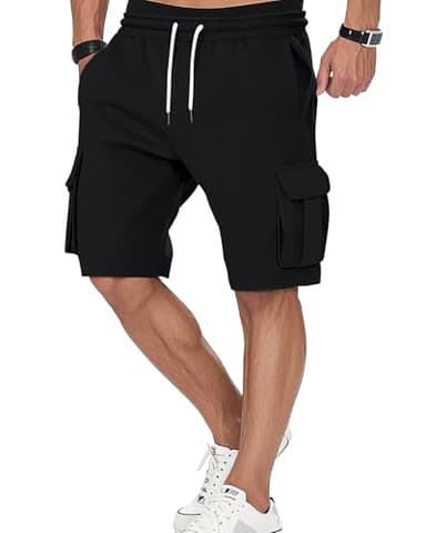 A WATERWANG Men's Cargo Sweat Shorts Casual Drawstring Elastic Waist Workout Athletic Jogger Gym Shorts with 5 Pockets Black XL