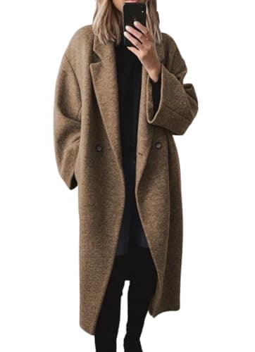 chouyatou Women's Winter Double Breasted Wool Coat Long Sleeve Notch Lapel Long Trench Coat (Medium, Brown)