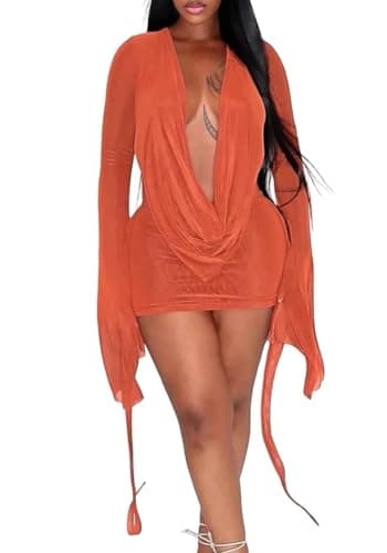 SHINFY Women Sexy Backless Mini Dress Draped Mesh Cowl Neck Long Sleeve Swing Going Out Birthday Dresses Orange