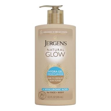Jergens Natural Glow Hydra Gel Moisturizer, Gradual Tanning Lotion with Hyaluronic Acid, Hydrating Tanning Gel, Fragrance-Free Self Tanner, Fair to Medium Skin Tone, 8.3 Fl Oz