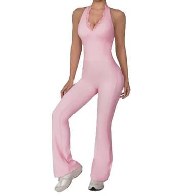 KAIFUYING Women Workout Scrunch Flare Jumpsuits Lace Deep V Hanging Neck Halter Backless Butt Lift Gym Yoga Jumpsuits Sexy Jumpsuits Workout Jumpsuits for women pink-S