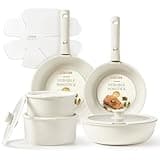 CAROTE Pots and Pans Set Non Stick, 15pcs Cookware Sets, Dishwasher/Oven/Fridge Safe, Kitchen Set, Space Saving Pots Set, Nonstick Set with Versatile Detachable Handle, Induction RV Set, Cream