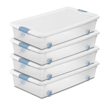 Sterilite 4-Pack 56 Quart Wheeled Latching Box, Underbed Clear Plastic Storage Organizer - Under Bed Rolling Container Bin with Lid and Wheels for Home or Dorm Bedrooms and Closets