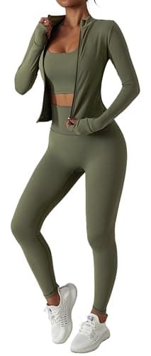 Womens 2 Piece Workout Set Gym Leggings Zip Up Jacket Matching Set Tummy Control Pants Athletic Outfit L Army Green