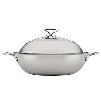 Circulon Clad Stainless Steel Wok/Stir Fry with Glass Lid and Hybrid SteelShield and Nonstick Technology, 14 Inch - Silver