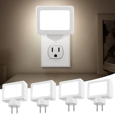 GODUORA 4-Pack LED Night Light Plug in with Adjustable 180° Swivel Head, Dusk to Dawn Auto On/Off, Daylight 5000K 100LM, for Kitchen Counter, Desk, Staircase, Hallway, BathroomNon-Dimmable