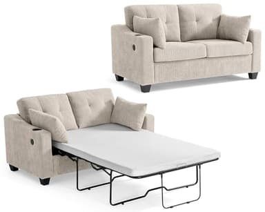 Full Size Pull Out Sleeper Sofa Bed, 2-in-1 Convertible Corduroy Pull Out Couch Bed with USB Charging, Memory Form Loveseat Sleeper for Living Room, Apartment, Small Space, Corduroy Beige, Full Size