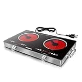 Karinear 2 Burner Electric Cooktop 110V, Portable Electric Stove with Handle, Knob Control Electric Hot Plate, Ceramic Infrared Countertop Burner, Timer, Safety Lock, 9 Power Level, 2000W, 24 inch