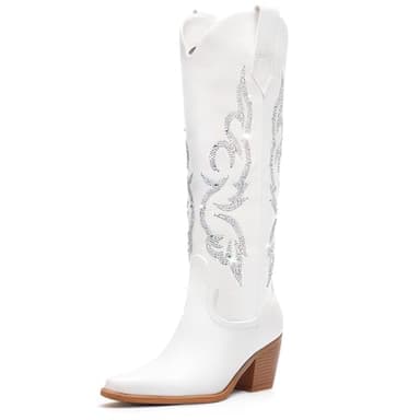 Platikly White Cowboy Boots for Women - Rhinestone Wide Calf Cowgirl Boots, Knee High Western Footwear, Glitter Sparkly Tall Design with Embroidery, Classic Country Style Pull On Zipper US 9.5