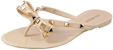 TOP Moda Womens Studded Jelly Flip Flops Sandals with Bow, Nude, 8