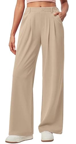 IUGA Wide Leg Pants Woman Pull on Stretchy Work Dress Pants High Waisted Business Casual Trousers Slacks Standard, Large, Light Khaki