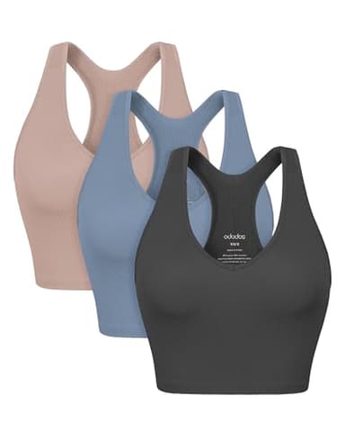 ODODOS 3-Pack Seamless Racerback Crop Tank for Women Ribbed Knit Soft Crop Tops, Charcoal+Dusty Blue+Bark, Medium/Large