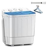 Sportpulse 18lbs Portable Mini Twin Tub Washing Machine with Drying Rack, 11lbs Compact Laundry Washer and 7lbs Spinner, Efficient and Convenient for Dorms, Apartment (Blue)