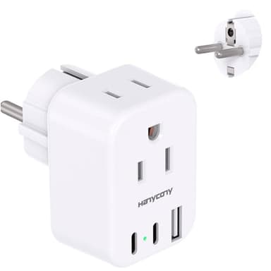 HANYCONY Type E F Plug Adapter, Germany France Travel Plug Adapter with 2 Outlets 3 USB Ports(2 USB C)，Schuko Plug Power Adaptor for US to Europe EU Spain Iceland Korea Greece German French