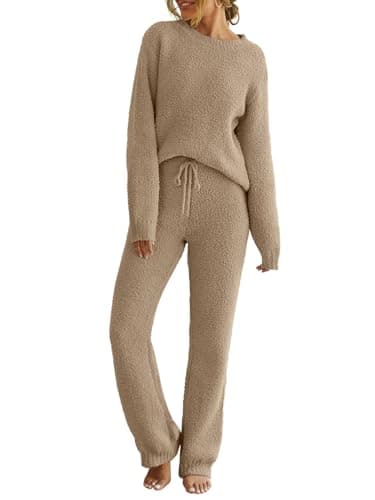 MEROKEETY Womens Pajama Sets 2026 Fall Lounge Sweater Set Cute Fuzzy Fleece 2 Piece Long Sleeve Cozy Winter Pj Outfits,Cashmere,L