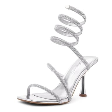 Shoe Land Women’s Rhinestone Dress Heels, Spiral Ankle Wrap Stiletto Sandals, Square Open Toe Crystal Heels for Party, Wedding, Prom, SilverSilver, Size 10.0, Charming2