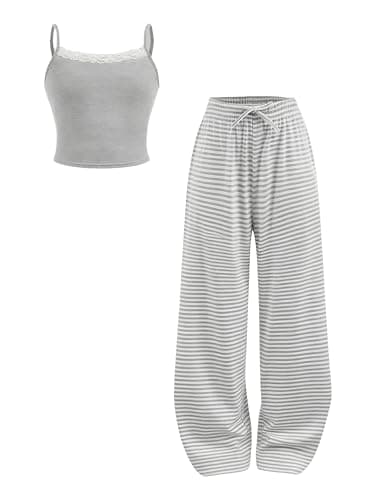 Yoxindax Tween Girl 2-Piece Clothes Fitted Lace Trim Camisole And Wide Leg Striped Pants 7-14Y Summer Outfits Set Size 11 12