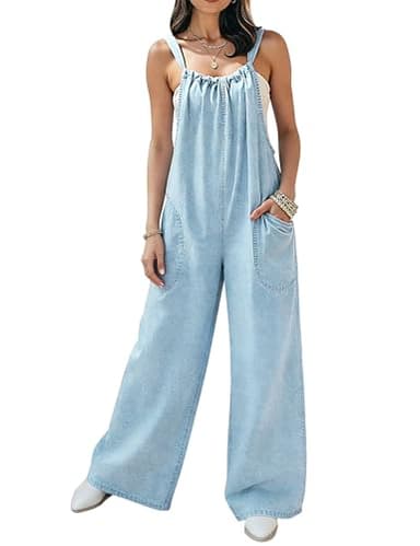 POTILI Denim Overalls for Women Jean Jumpsuit Wide Leg Adjustable Tie-Back Straps Loose Fit Baggy Jumpers Rompers Overol Para Mujer Jump Suits Light Blue Size 8 10 Medium