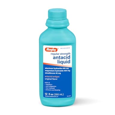 Rugby Regular Strength Antacid Liquid, Relief for Heartburn, Acid Indigestion, Sour Stomach, Pressure and Bloating, and Gas - Original Flavor, 12 Fl Oz (355 mL)