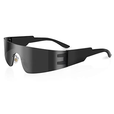 milramtob Futuristic Wrap Around Sunglasses Y2K Silver Trendy Rimless Glasses Cyberpunk Eyewear for Women Men Rave Party