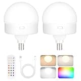 Yochoice 2-Pack E12 Rechargeable Battery Operated Light Bulb with Remote, Dimmable LED Bulb with 15 Colors Selectable & 3 Timer, Wireless Detachable Puck Light Bulb for Wall Sconce, Non-Hardwired