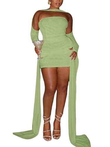 Women Sexy Strapless Tube Top Mesh Layered Mini Dress Bodycon Ruched Side Ribbons Bandage Dress Birthday Dresses Green