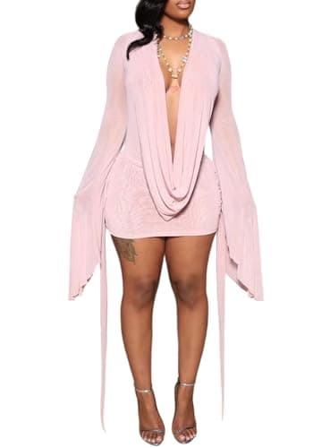 SHINFY Women Sexy Backless Mini Dress Draped Mesh Cowl Neck Long Sleeve Swing Going Out Birthday Dresses Pink