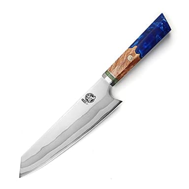 MITSUMOTO SAKARI 8 inch Japanese Kiritsuke Knife - Hand Forged 440C Damascus Steel, Professional Kitchen Chef Knives with Blue Pomegranate Handle & Sandalwood Box