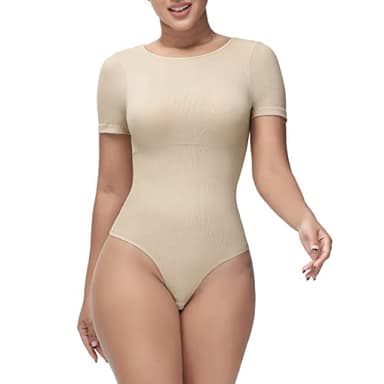 Soo slick Shapewear Bodysuit for Women Tummy Control Tops Crew Neck Short Sleeve Bodysuit Thong Sculpting with Removable Padding