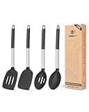 Pack of 4 Silicone Cooking Utensils Set, Non Stick Large Solid Spatulas, Heat Resistant Black Slotted Spoons, Ideal BPA Free Kitchen Turners for Frying, Mixing,Serving,Draining,Turning,Stirring