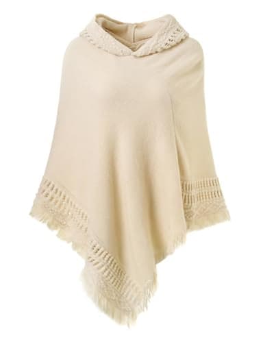 Ferand Ladies' Hooded Cape with Fringed Hem, Crochet Poncho Knitting Patterns for Women, Beige