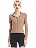 Abonlen Ribbed Hoodies for Women Lightweight Full Zip Up Jackets Long Sleeves Tops Fitted Cropped Sweatshirt(Light Brown,Small)