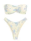 ZAFUL Women's Strapless Bikini Tiny Floral Print Ruched Bow Lace up Thong Bandeau Bikini Swimsuit Bathing Suits (Beige, S)