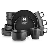 Stone Lain Coupe 16-Piece Stoneware Dish Set, Celina Service for 4, Black Plates and Bowls Dinnerware Set, Dishwasher and Microwave Safe, Black Matte