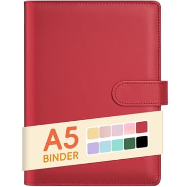 Sooez A5 Notebook Photocard Binder, 6 Ring Planner, Stylish Loose Leaf Personal Organizer Cover with Magnetic Buckle, PU Leather Binder Women with Soft Colors (Red)