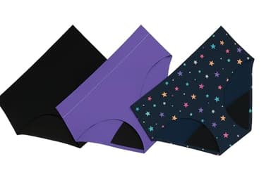 Thinx Teens Period Underwear, Brief-Style Period Panties, Holds Up to Regular 12 Tampons, Reusable & Controls Odor, 3-Pack - (1) Black, (1) Lucky Stars, (1) Violet, Size 15/16