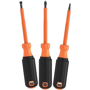 Klein Tools 85073INS Insulated Screwdriver Set, Made in USA, features 1000V Phillips, Slotted and Square Tips, Cushion Grip Handles, 3-Piece