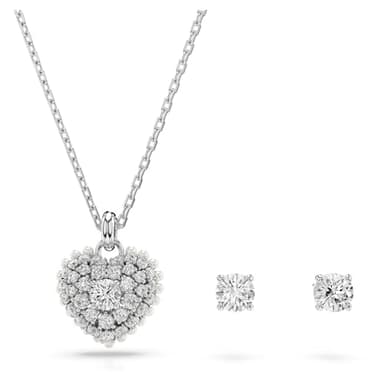 Swarovski Idllyia Necklace and Earring Set, Clear Heart-Shaped Crystal Pendant and Round Crystal Studs in a Rhodium-Finished Setting, Part of The Idyllia Collection