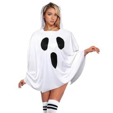 KASBAH Ghost Costume for Adults, White Ghost Poncho Hooded Cape Spooky Ghosts Costume Halloween Costume for Women Men Halloween Cosplay Party