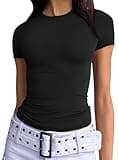 Trendy Queen Womens Basic T Shirts Summer Outfits 2025 Scoop Neck Short Sleeve Crop Tops Slim Fit Tees Y2k Clothing Black S