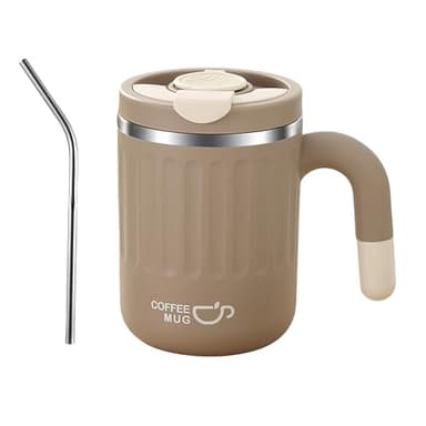 HOORMED 16oz Insulated Coffee Mugs - Ideal for Indoor Office Use. Features SUS 304 Inner, Double Wall Insulation, Detachable Silicone Ring. 3 Drinking Options. Available in White, Brown, Pink (khaki)