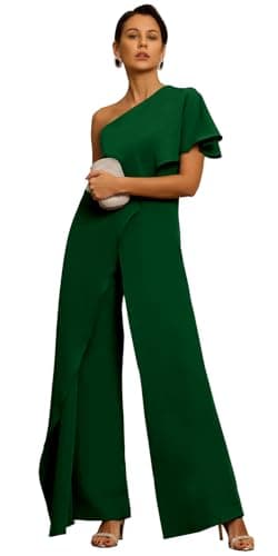 DJFLFU One Shoulder Wedding Guest Jumpsuit for Women Ruffle Long Cocktail Jumpsuit for Wedding Guest Emerald Green