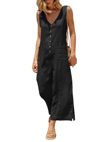 Yeokou Women Button Down Jumpsuits Cotton Linen Sleeveless Casual Wide Legs Rompers Loose Overall With Pockets(Black-M)