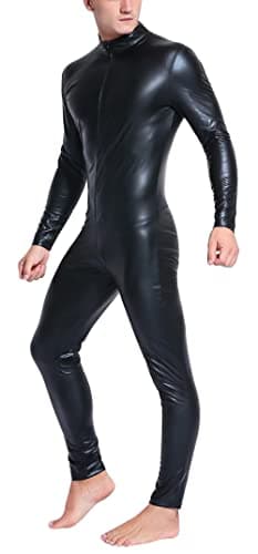 Panegy Club Party Bodysuit Jumpsuit for Men Zip Up PU Leather Onesies Metallic Shiny Leather Romper Wetlook Bodycon Leotard Onesie Catsuit for Men