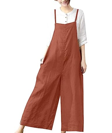 YESNO Women Casual Loose Boyfriend Bib Pants Summer Wide Leg Cotton Jumpsuits Rompers with Pockets XS-5X (M PZZTYP2 Rust)