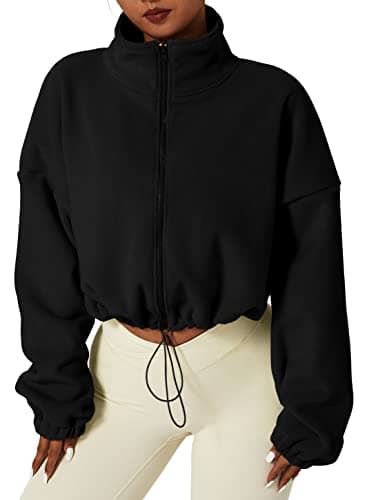 QINSEN Women's Full Zip Fleece Short Jacket Warm Winter Long Sleeve Stand Collar Sherpa Crop Coat Black M