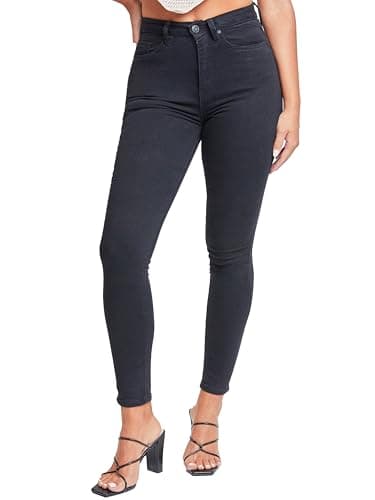 YMI Womens Curvy Fit 1-Button Tailored Wannabettabutt High Rise Skinny Made with Recycled Fibers Jeans, Black, 7 US