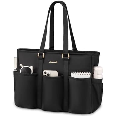 LOVEVOOK 17 Inch Laptop Tote Bag for Women Work, Teacher Tote Bag Nurse Bag, Professional Utility Computer Bag For Work/Travel/College/Daily, Large Purse Handbag With Trolley Sleeve & Large Cup Holder