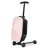 Scooter Luggage For Kids & Adults， Hardside Ride On Suitcase For Kids Ages 4-15 Multifunctional Lightweight Foldable Carry On Luggage With Wheels Ride On For Children Teenagers (Light Pink, 20")